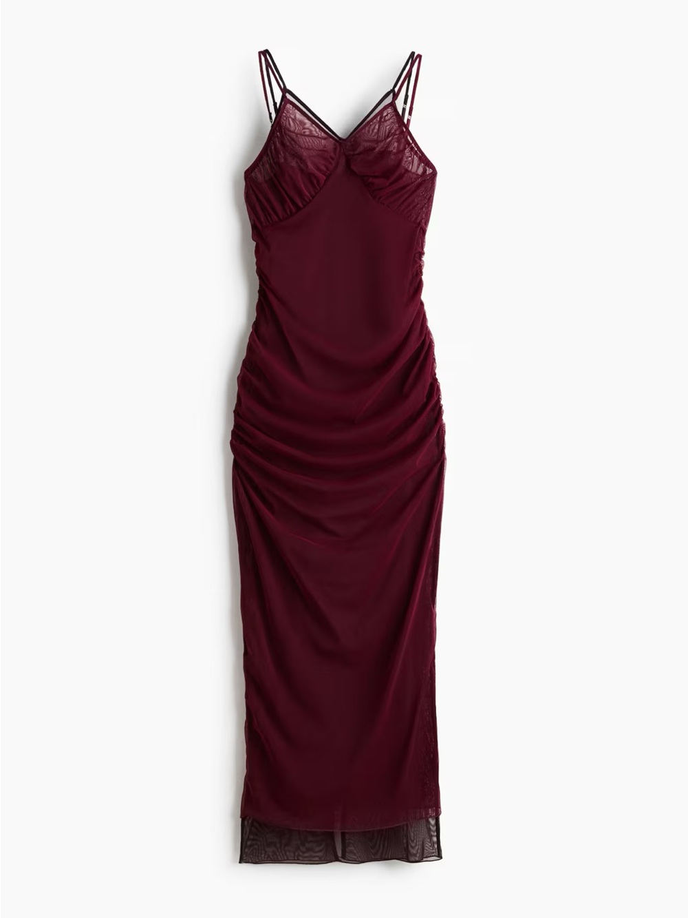 H&M Studio Wine Burgundy Ruched Strappy Mesh Maxi Dress